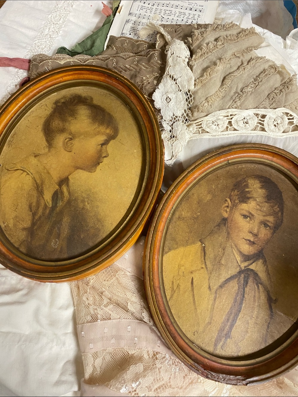 Pair of Antique 1930's Oval Portrait Prints in Warm Brown Tones